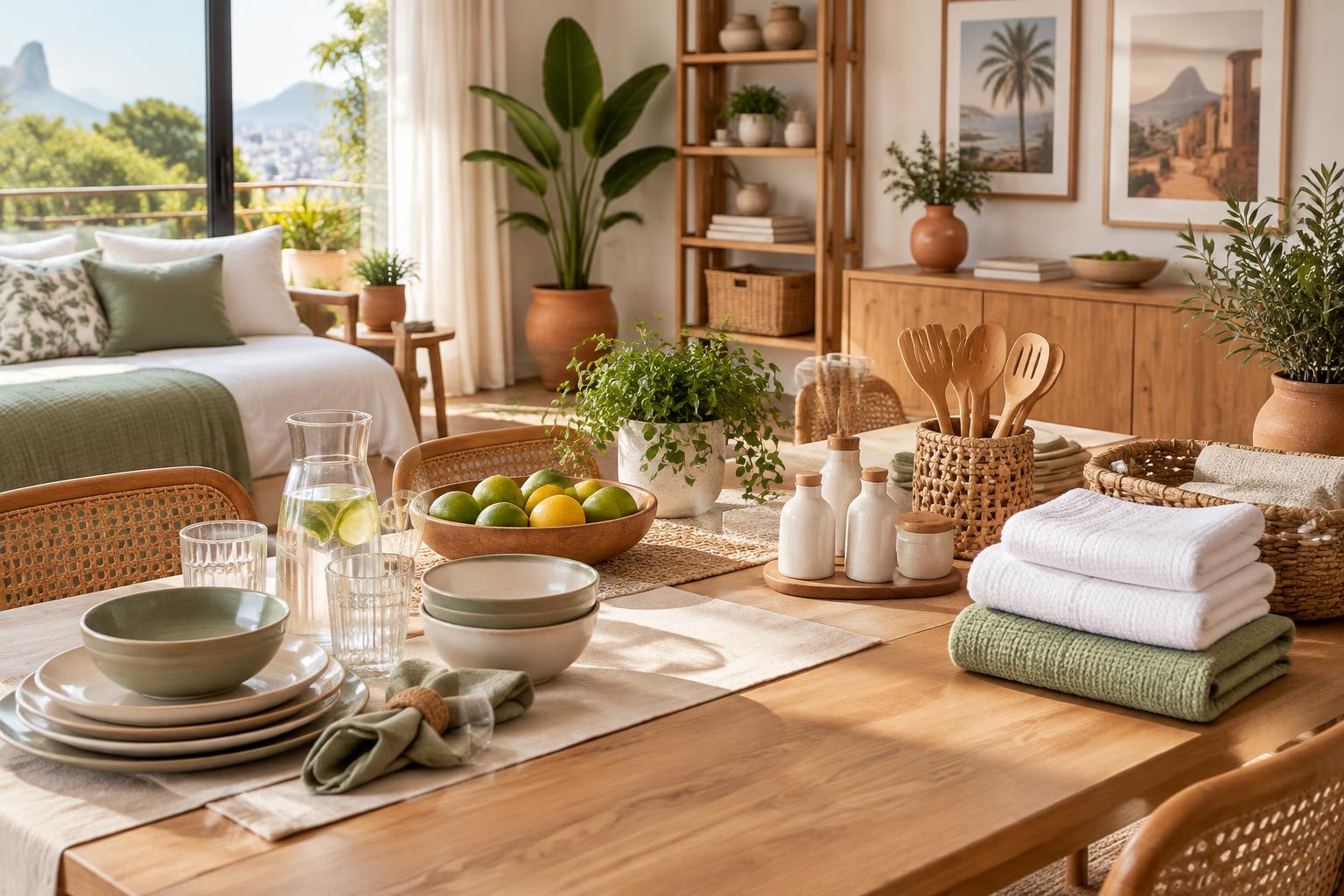 Mesa posta, roupas de cama e banho e utensílios para casa